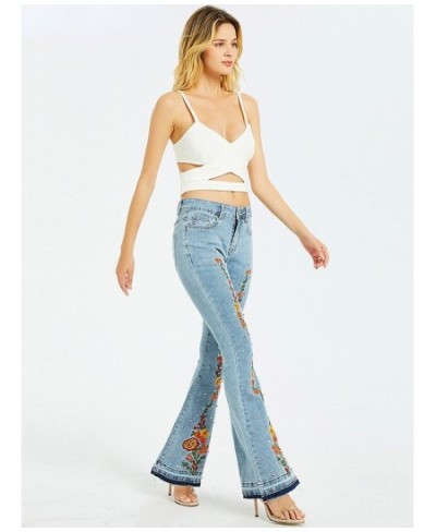 Light Blue Denim Trousers Mopping Pants Mid-waist Flowers Embroidery Peal Denim Pants Women Casual Streetwear Tassel Flare $6...