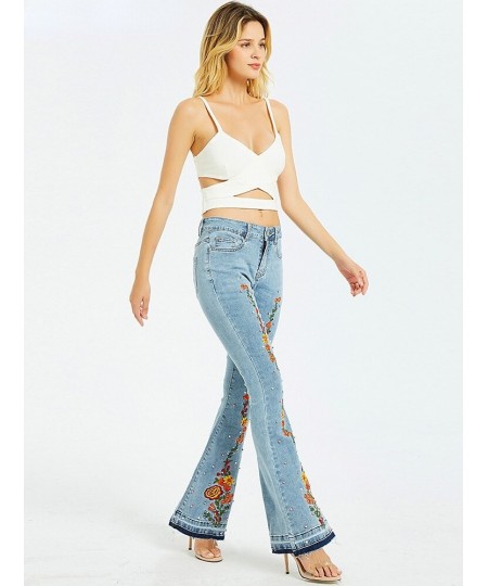 Light Blue Denim Trousers Mopping Pants Mid-waist Flowers Embroidery Peal Denim Pants Women Casual Streetwear Tassel Flare $6...