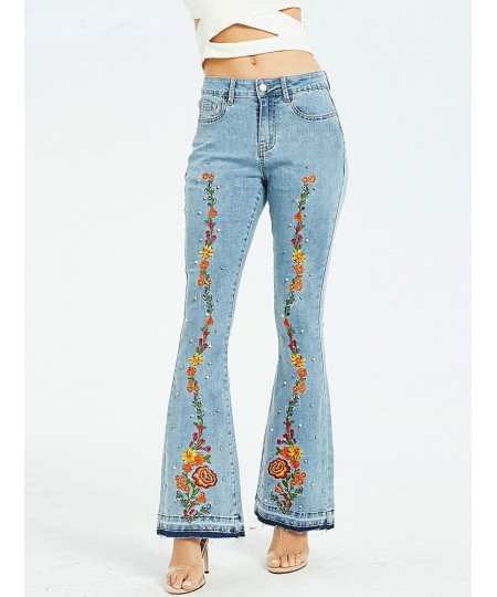 Light Blue Denim Trousers Mopping Pants Mid-waist Flowers Embroidery Peal Denim Pants Women Casual Streetwear Tassel Flare $6...