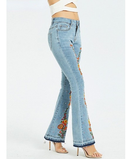 Light Blue Denim Trousers Mopping Pants Mid-waist Flowers Embroidery Peal Denim Pants Women Casual Streetwear Tassel Flare $6...