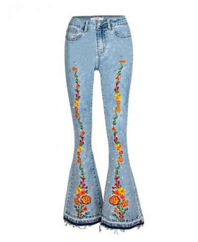 Light Blue Denim Trousers Mopping Pants Mid-waist Flowers Embroidery Peal Denim Pants Women Casual Streetwear Tassel Flare $6...