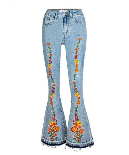 Light Blue Denim Trousers Mopping Pants Mid-waist Flowers Embroidery Peal Denim Pants Women Casual Streetwear Tassel Flare $6...