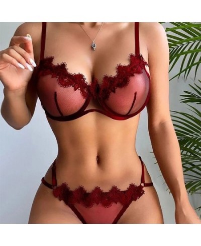 Women Lingerie Set Sexy Bowknot Transparent Mesh Lace Steel Ring Bras Thongs Two Piece Underwire Bralette Party Sets Underwea...