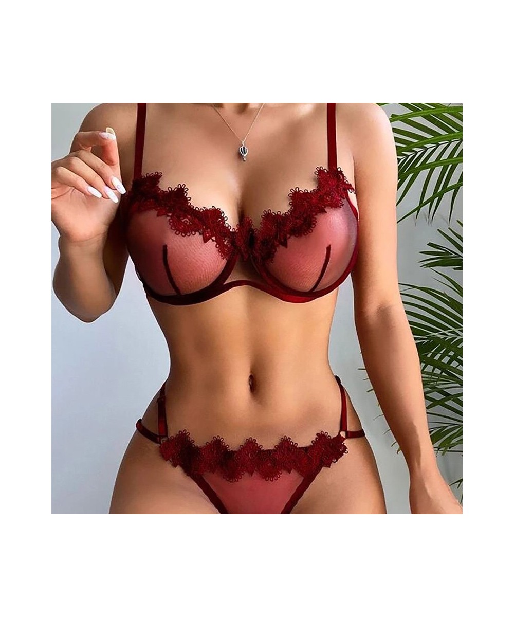 Women Lingerie Set Sexy Bowknot Transparent Mesh Lace Steel Ring Bras Thongs Two Piece Underwire Bralette Party Sets Underwea...