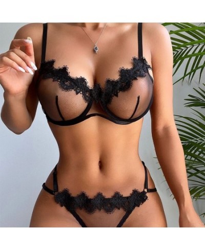 Women Lingerie Set Sexy Bowknot Transparent Mesh Lace Steel Ring Bras Thongs Two Piece Underwire Bralette Party Sets Underwea...