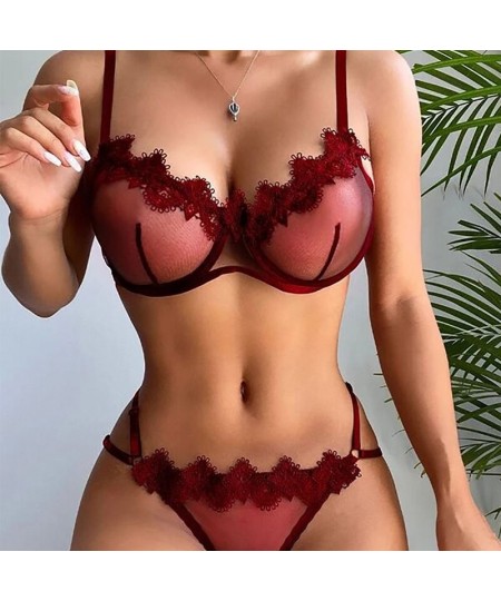 Women Lingerie Set Sexy Bowknot Transparent Mesh Lace Steel Ring Bras Thongs Two Piece Underwire Bralette Party Sets Underwea...