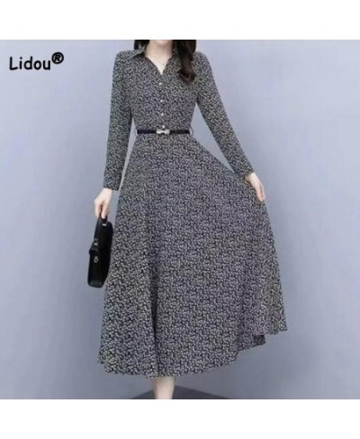 Broken Flowers Print Long Sleeve Spring Clothes Elegant Turn-down Collar Button Sashes Slim Mid-Calf Large Hem Dress for Wome...