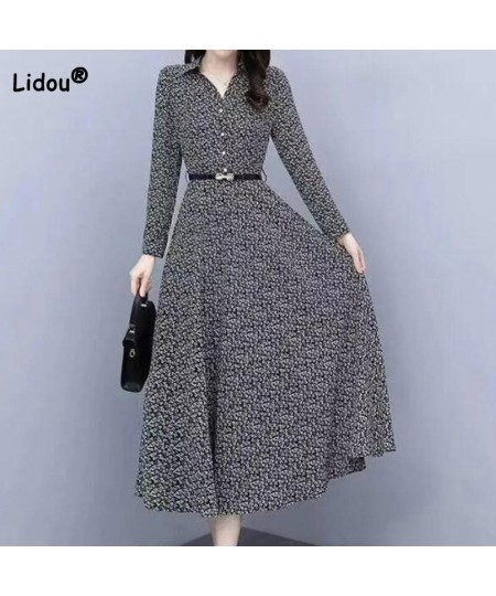 Broken Flowers Print Long Sleeve Spring Clothes Elegant Turn-down Collar Button Sashes Slim Mid-Calf Large Hem Dress for Wome...