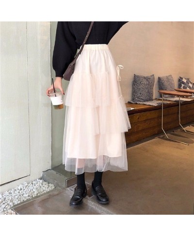 2023 Summer Autumn High Elastic Waist Mesh Long Women Pleated Skirts Tiered Ruffle Flower Tulle Tutu Skirt $28.87 - Skirts