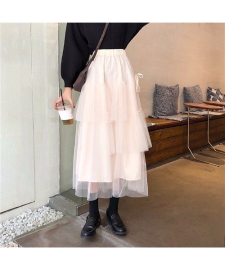 2023 Summer Autumn High Elastic Waist Mesh Long Women Pleated Skirts Tiered Ruffle Flower Tulle Tutu Skirt $28.87 - Skirts