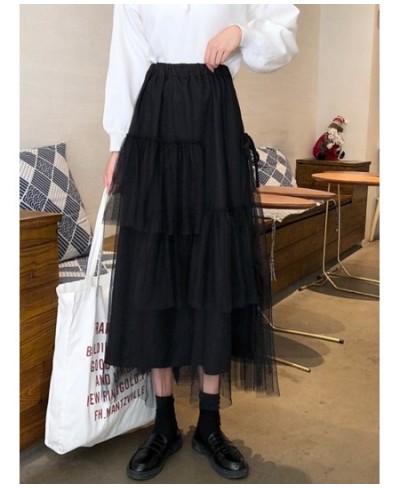 2023 Summer Autumn High Elastic Waist Mesh Long Women Pleated Skirts Tiered Ruffle Flower Tulle Tutu Skirt $28.87 - Skirts