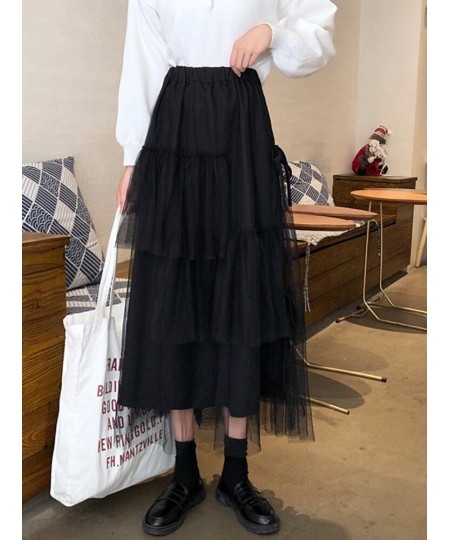 2023 Summer Autumn High Elastic Waist Mesh Long Women Pleated Skirts Tiered Ruffle Flower Tulle Tutu Skirt $28.87 - Skirts