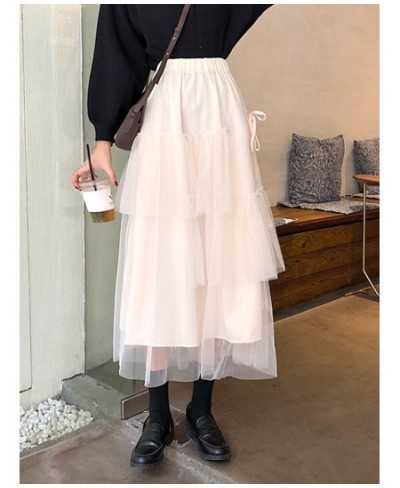 2023 Summer Autumn High Elastic Waist Mesh Long Women Pleated Skirts Tiered Ruffle Flower Tulle Tutu Skirt $28.87 - Skirts