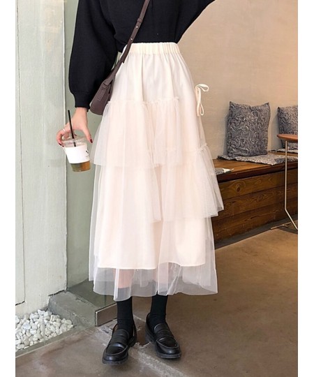 2023 Summer Autumn High Elastic Waist Mesh Long Women Pleated Skirts Tiered Ruffle Flower Tulle Tutu Skirt $28.87 - Skirts