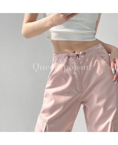 Summer Women Bottoms Vintage Pink High Waist Cargo Pants Baggy Wide Leg Mopping Pants Street Drawstring Black Straight Trouse...