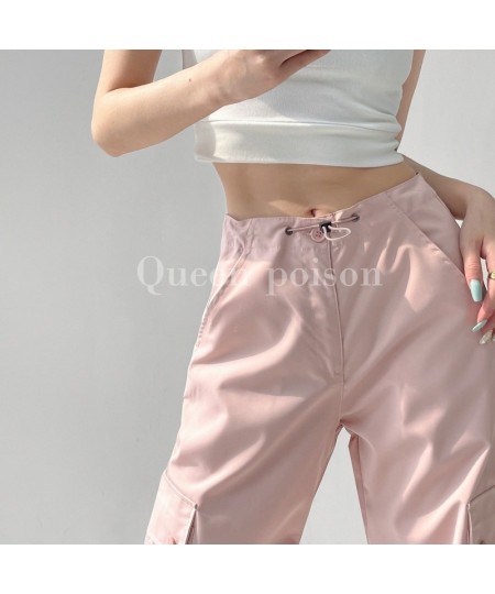 Summer Women Bottoms Vintage Pink High Waist Cargo Pants Baggy Wide Leg Mopping Pants Street Drawstring Black Straight Trouse...