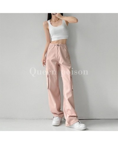 Summer Women Bottoms Vintage Pink High Waist Cargo Pants Baggy Wide Leg Mopping Pants Street Drawstring Black Straight Trouse...