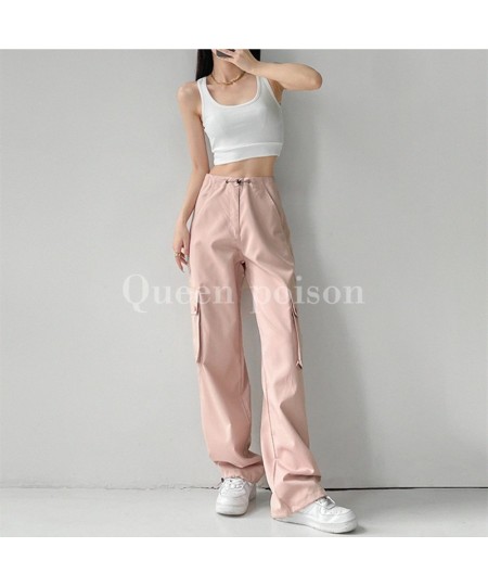 Summer Women Bottoms Vintage Pink High Waist Cargo Pants Baggy Wide Leg Mopping Pants Street Drawstring Black Straight Trouse...