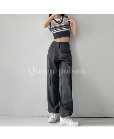 Summer Women Bottoms Vintage Pink High Waist Cargo Pants Baggy Wide Leg Mopping Pants Street Drawstring Black Straight Trouse...