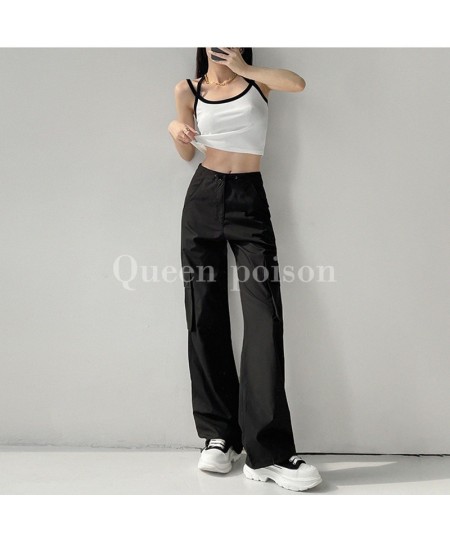 Summer Women Bottoms Vintage Pink High Waist Cargo Pants Baggy Wide Leg Mopping Pants Street Drawstring Black Straight Trouse...