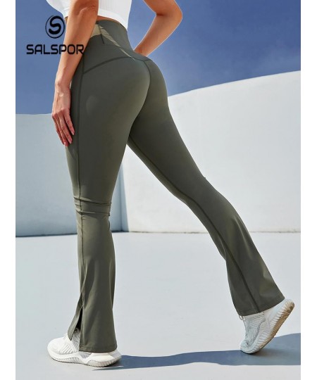 High-Waisted Sports Leggings Stretch Slim Push Up Leggings Solid Color Foot Slit Flared Pants for Women $42.37 - Bottoms