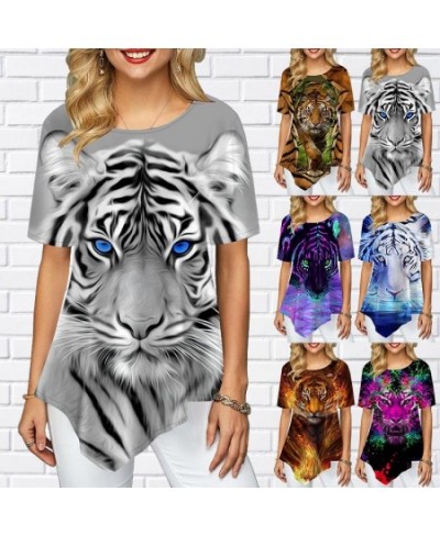 Women Plus Size Ladies Tee Short Sleeve T Shirts Colorful Tiger 3d Print Loose Casual Tops Female Irregular Summer Clothes $1...