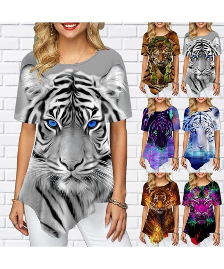 Women Plus Size Ladies Tee Short Sleeve T Shirts Colorful Tiger 3d Print Loose Casual Tops Female Irregular Summer Clothes $1...