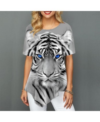 Women Plus Size Ladies Tee Short Sleeve T Shirts Colorful Tiger 3d Print Loose Casual Tops Female Irregular Summer Clothes $1...