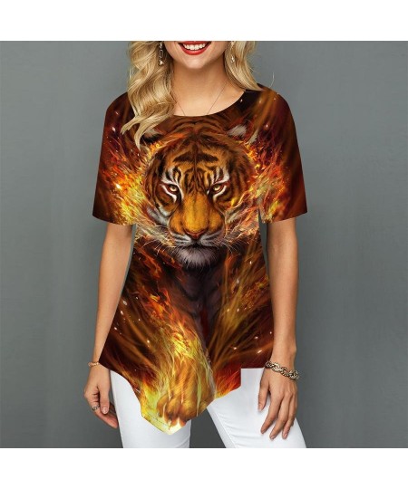 Women Plus Size Ladies Tee Short Sleeve T Shirts Colorful Tiger 3d Print Loose Casual Tops Female Irregular Summer Clothes $1...