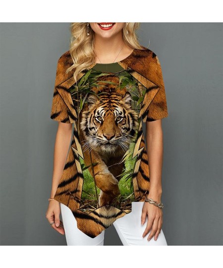 Women Plus Size Ladies Tee Short Sleeve T Shirts Colorful Tiger 3d Print Loose Casual Tops Female Irregular Summer Clothes $1...