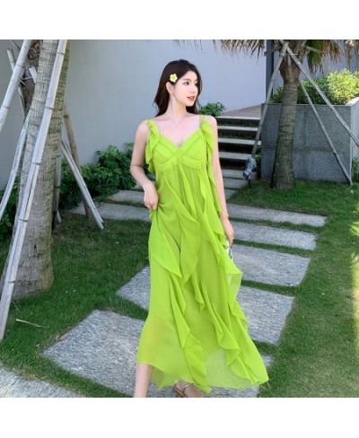 OFF Beach Chic Holiday Midi Long Dresses Summer Ruffles V-neck Loose Spaghetti Strap Vacation Elegant Party Dress Women $56.5...