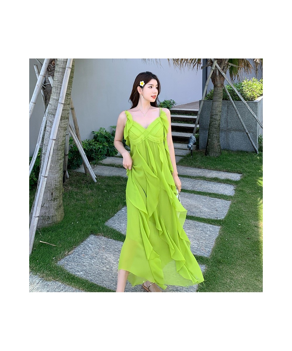 OFF Beach Chic Holiday Midi Long Dresses Summer Ruffles V-neck Loose Spaghetti Strap Vacation Elegant Party Dress Women $56.5...