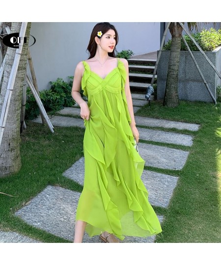 OFF Beach Chic Holiday Midi Long Dresses Summer Ruffles V-neck Loose Spaghetti Strap Vacation Elegant Party Dress Women $56.5...