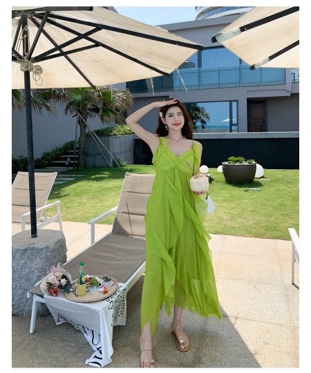 OFF Beach Chic Holiday Midi Long Dresses Summer Ruffles V-neck Loose Spaghetti Strap Vacation Elegant Party Dress Women $56.5...