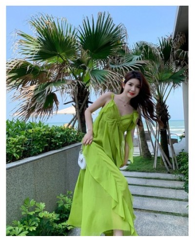 OFF Beach Chic Holiday Midi Long Dresses Summer Ruffles V-neck Loose Spaghetti Strap Vacation Elegant Party Dress Women $56.5...