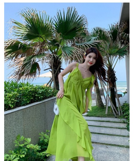 OFF Beach Chic Holiday Midi Long Dresses Summer Ruffles V-neck Loose Spaghetti Strap Vacation Elegant Party Dress Women $56.5...