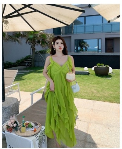 OFF Beach Chic Holiday Midi Long Dresses Summer Ruffles V-neck Loose Spaghetti Strap Vacation Elegant Party Dress Women $56.5...