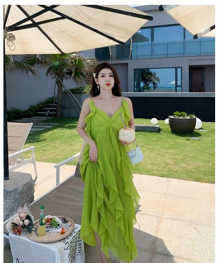 OFF Beach Chic Holiday Midi Long Dresses Summer Ruffles V-neck Loose Spaghetti Strap Vacation Elegant Party Dress Women $56.5...