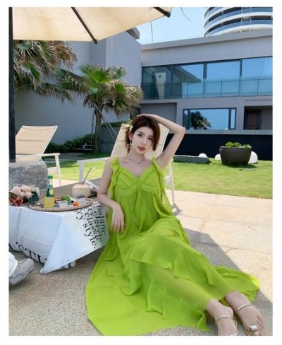 OFF Beach Chic Holiday Midi Long Dresses Summer Ruffles V-neck Loose Spaghetti Strap Vacation Elegant Party Dress Women $56.5...