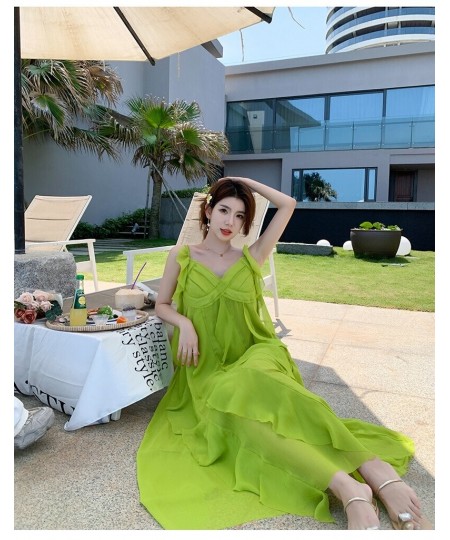 OFF Beach Chic Holiday Midi Long Dresses Summer Ruffles V-neck Loose Spaghetti Strap Vacation Elegant Party Dress Women $56.5...