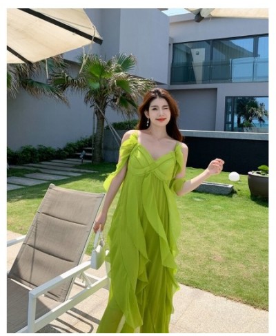 OFF Beach Chic Holiday Midi Long Dresses Summer Ruffles V-neck Loose Spaghetti Strap Vacation Elegant Party Dress Women $56.5...