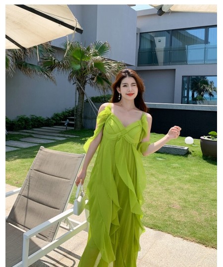 OFF Beach Chic Holiday Midi Long Dresses Summer Ruffles V-neck Loose Spaghetti Strap Vacation Elegant Party Dress Women $56.5...