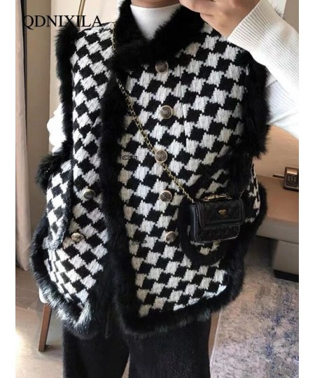 Women's Vest Jackets Faux Fur Coat Thousand Bird Checkered Fur Collar Vest Velvet Fur Waistcoat Sleeveless Vests for Women $6...