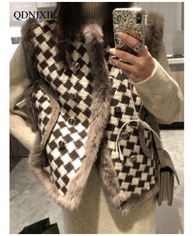 Women's Vest Jackets Faux Fur Coat Thousand Bird Checkered Fur Collar Vest Velvet Fur Waistcoat Sleeveless Vests for Women $6...