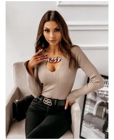 2023 Autumn and Winter New Women's Knitted Sweater Tops Fashion Sexy Pull Femme Chain Long Sleeved Solid Color Bottoming Shir...