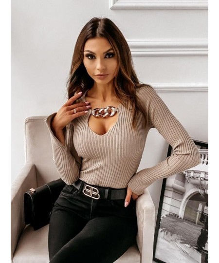 2023 Autumn and Winter New Women's Knitted Sweater Tops Fashion Sexy Pull Femme Chain Long Sleeved Solid Color Bottoming Shir...