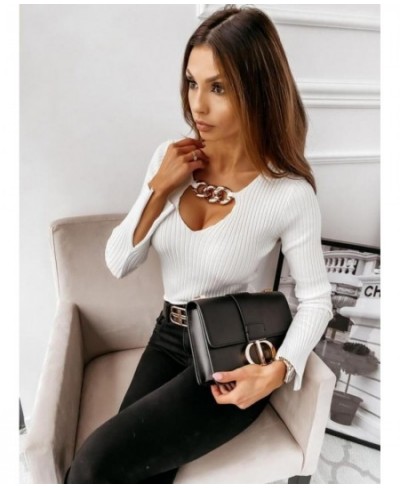 2023 Autumn and Winter New Women's Knitted Sweater Tops Fashion Sexy Pull Femme Chain Long Sleeved Solid Color Bottoming Shir...