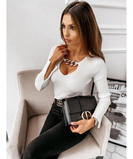 2023 Autumn and Winter New Women's Knitted Sweater Tops Fashion Sexy Pull Femme Chain Long Sleeved Solid Color Bottoming Shir...