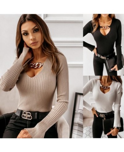 2023 Autumn and Winter New Women's Knitted Sweater Tops Fashion Sexy Pull Femme Chain Long Sleeved Solid Color Bottoming Shir...