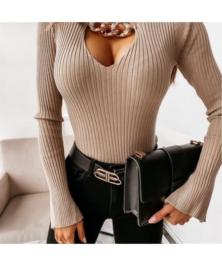 2023 Autumn and Winter New Women's Knitted Sweater Tops Fashion Sexy Pull Femme Chain Long Sleeved Solid Color Bottoming Shir...